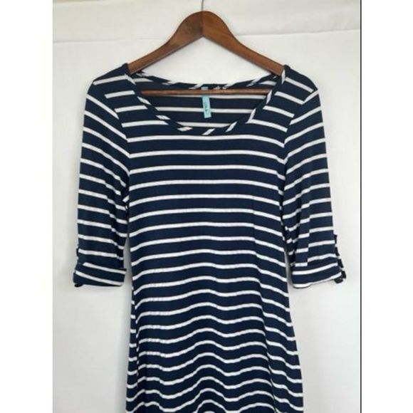 Loila Navy Blue White Striped Roll Tab Sleeve Crew Neck Lace Hem Dress M - Picture 3 of 12